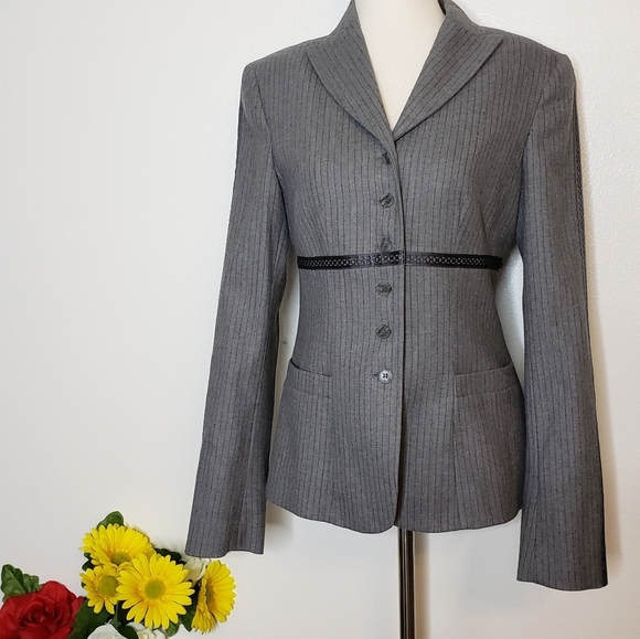 NEW RARE Worth Luxury Wool Pinstripe Blazer Gray Womens Jacket Office Tailored - Picture 2 of 11